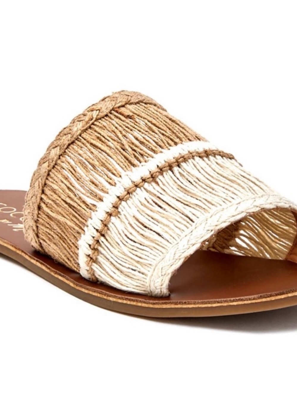 Matisse Two-Tone Woven Fringe Slide Sandal in Natural and Off-White
